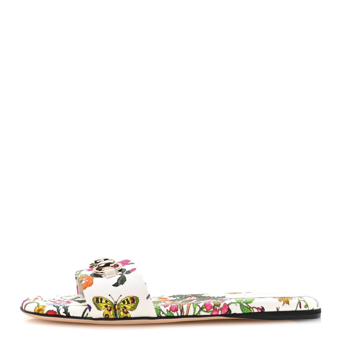 Canvas Flora Print Horsebit Slide Sandals 37 White