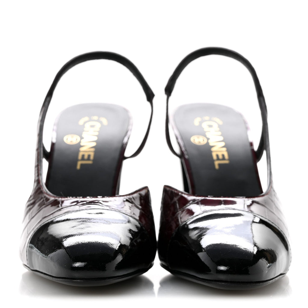 Patent Calfskin Crocodile Embossed Cap Toe CC Slingback Sandals 39 Dark Burgundy Black