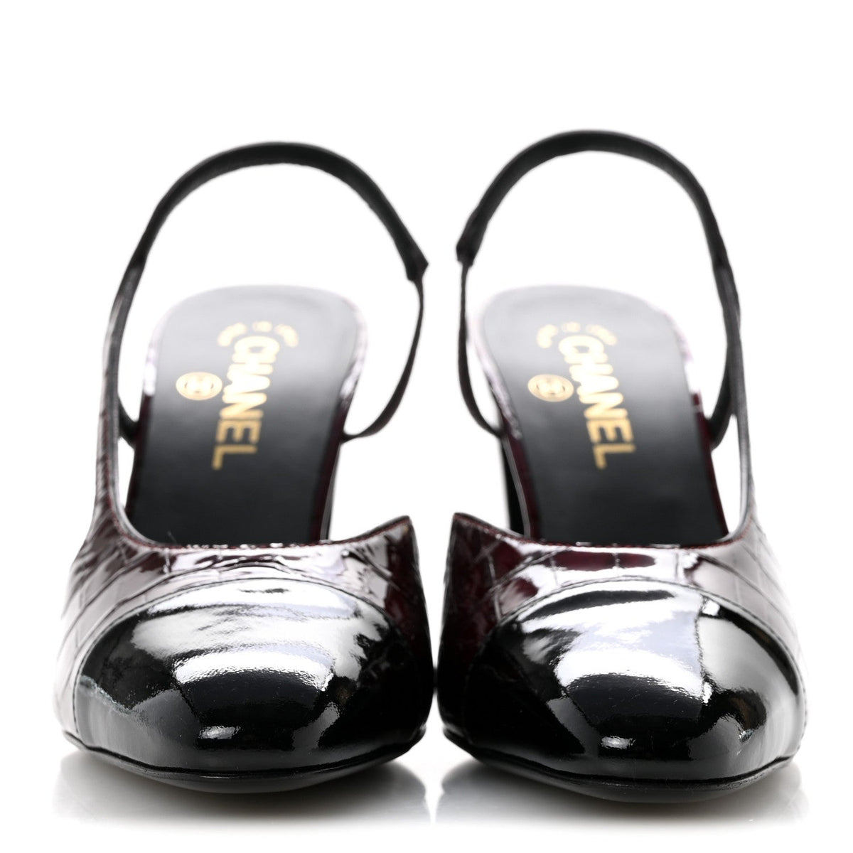 Patent Calfskin Crocodile Embossed Cap Toe CC Slingback Sandals 39 Dark Burgundy Black