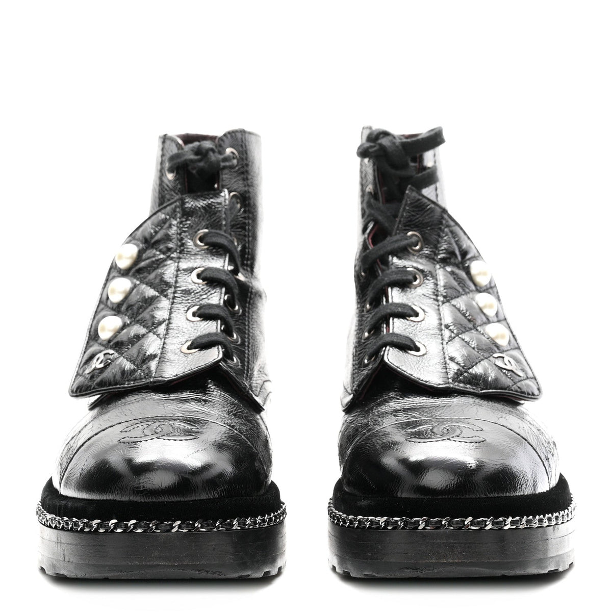 Crackled Calfskin Velvet Pearl Combat Short Boots 38 Black
