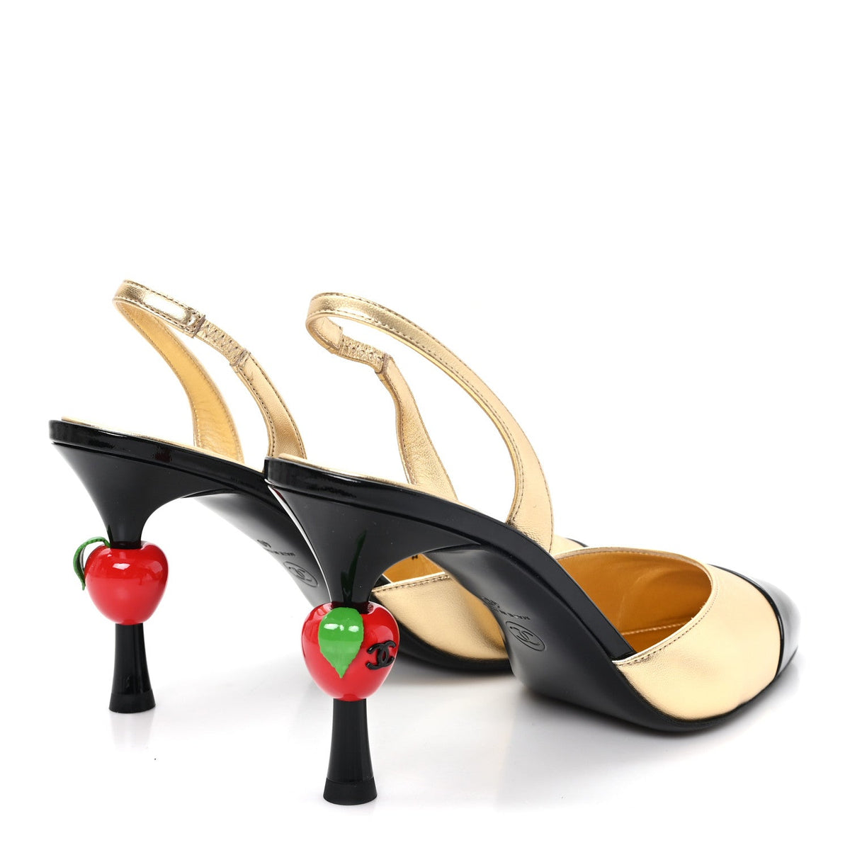 Laminated Lambskin Patent Cap Toe CC Apple Slingback Pumps 40 Gold Black