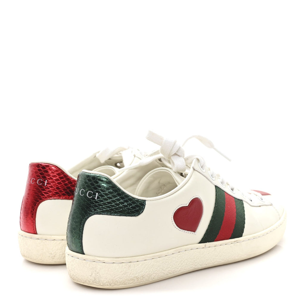 Calfskin Web Heart Embroidered Womens Ace Sneakers 36 White