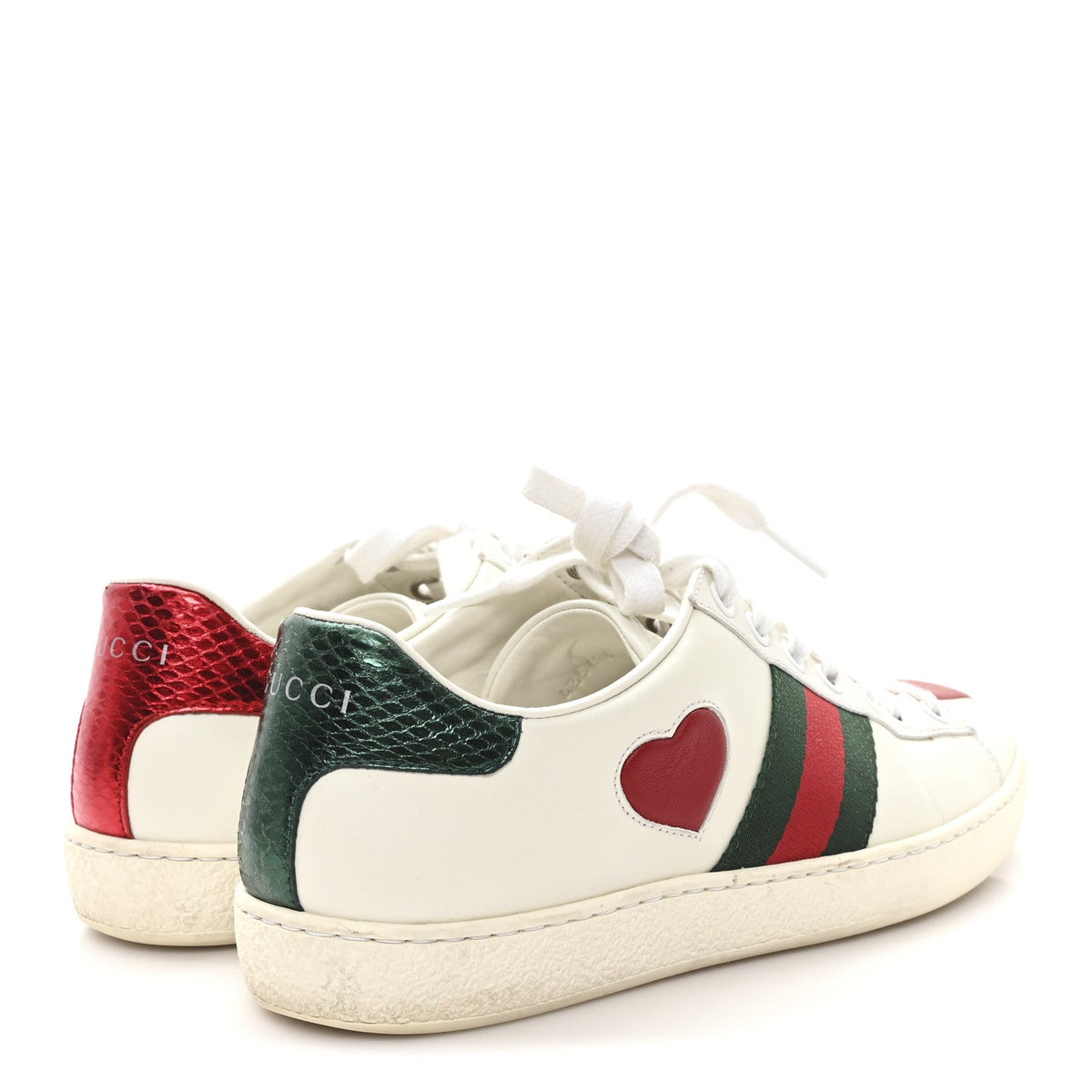 Calfskin Web Heart Embroidered Womens Ace Sneakers 36 White