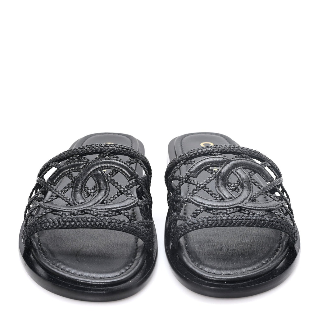Lambskin Crochet CC Mules Sandals 36 Black