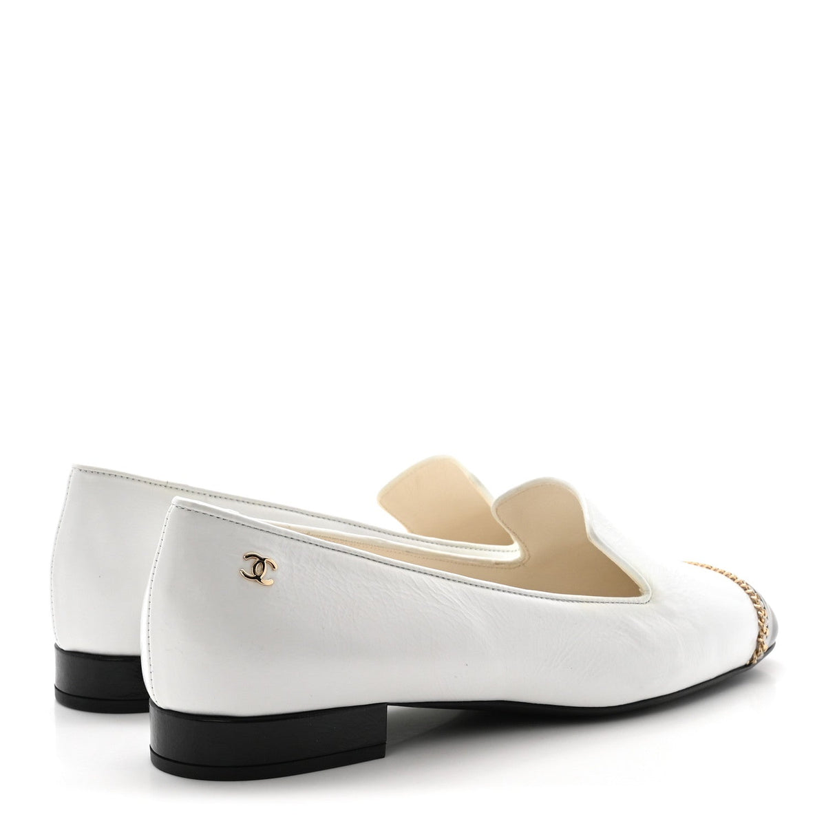 Patent Cap Toe Chain Moccasin Loafers 37 White Black