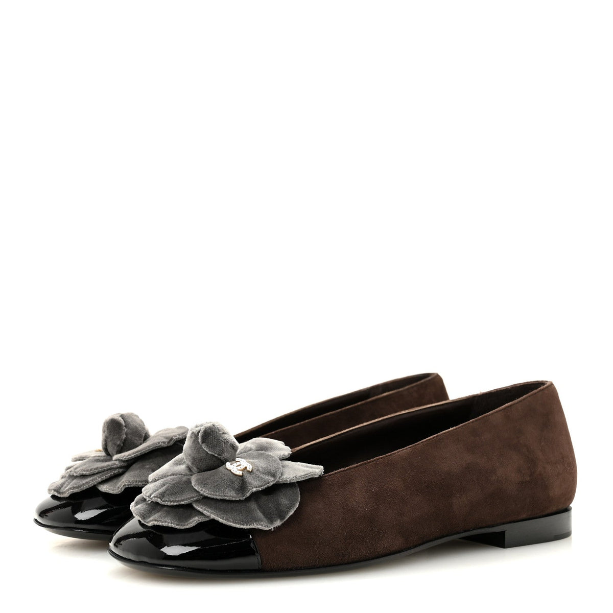 Suede Patent Cap Toe Camellia Ballerina Flats 37 Marron Gris