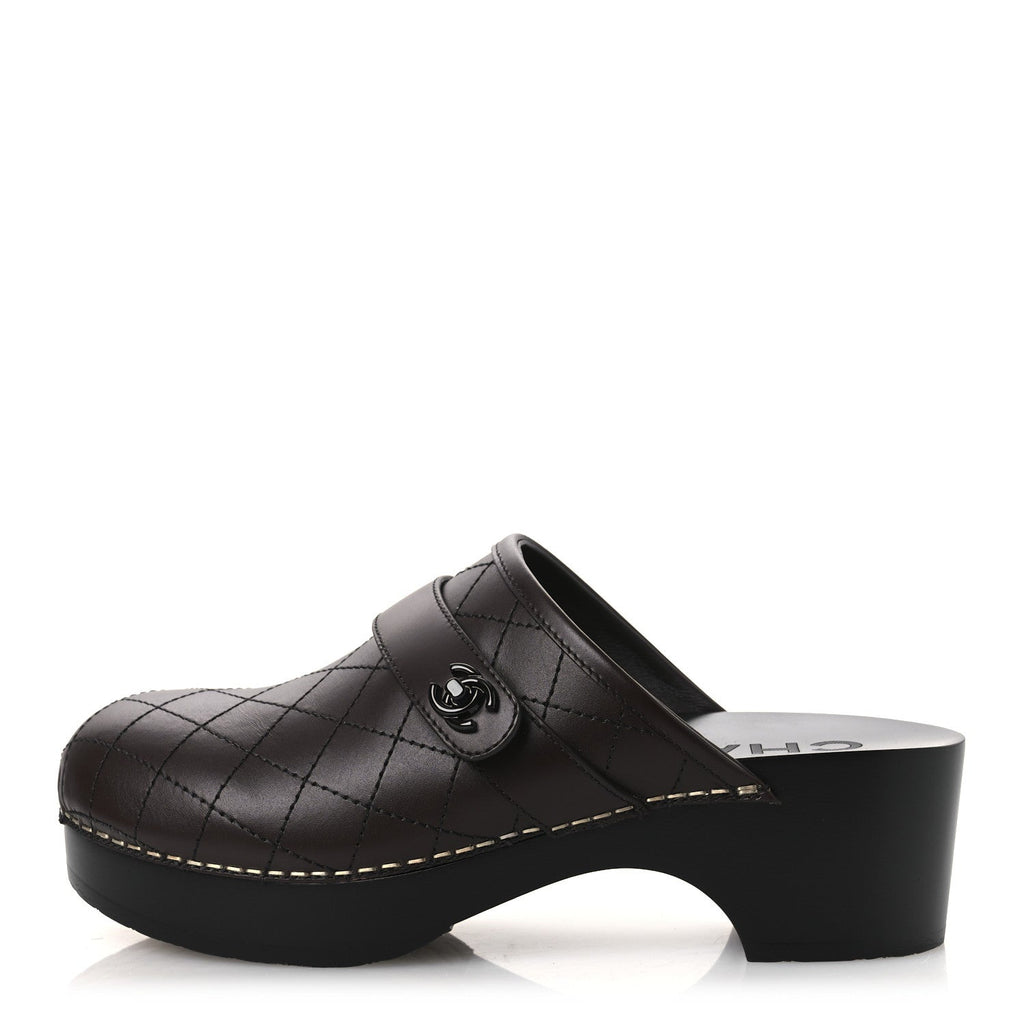 Calfskin CC Turn Lock Clogs 36 Dark Brown