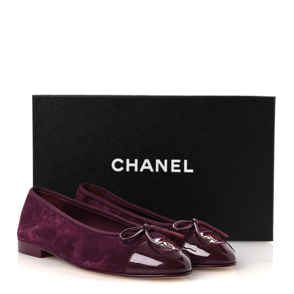Suede Calfskin Patent Cap Toe CC Ballerina Flats 36 Burgundy