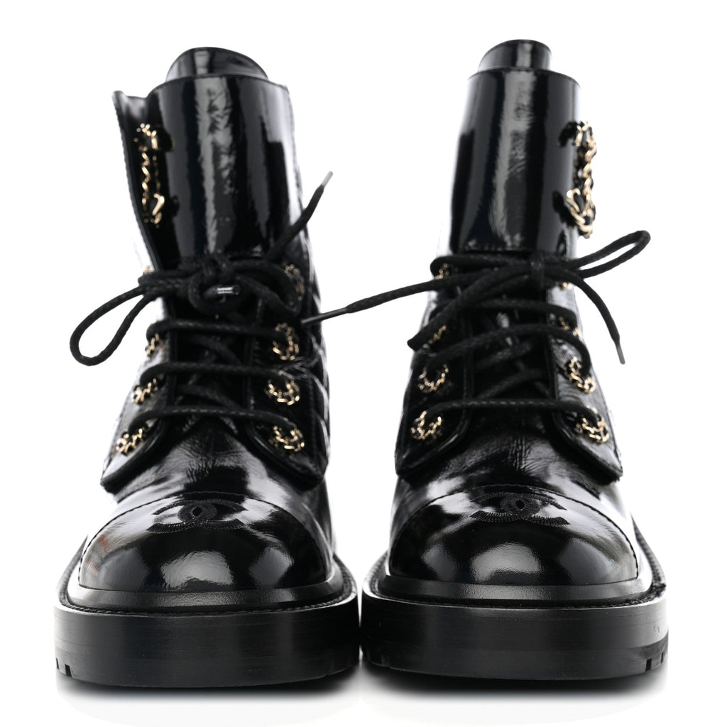 Shiny Goatskin Calfskin Quilted Lace Up Combat Boots 38 Black