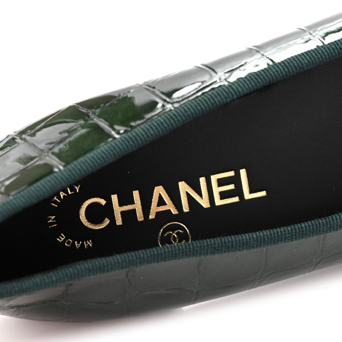 Crocodile Embossed Patent Calfskin Cap Toe CC Ballerina Flats 35.5 Dark Green Black