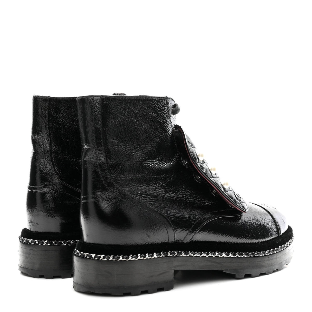 Crackled Calfskin Velvet Pearl Combat Short Boots 38 Black