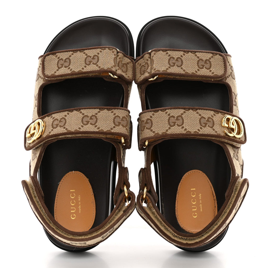 GG Monogram Lavaredo Eco Fabric Womens Slide Sandals With Straps 37 Beige Ebony Light Brown