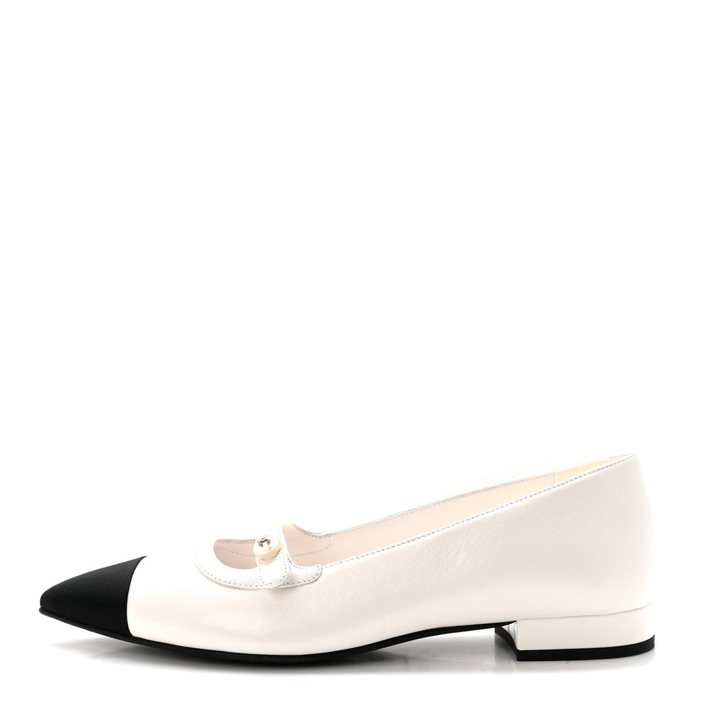 Shiny Lambskin Grosgrain Pearl Mary Janes Flats 37.5 White Black