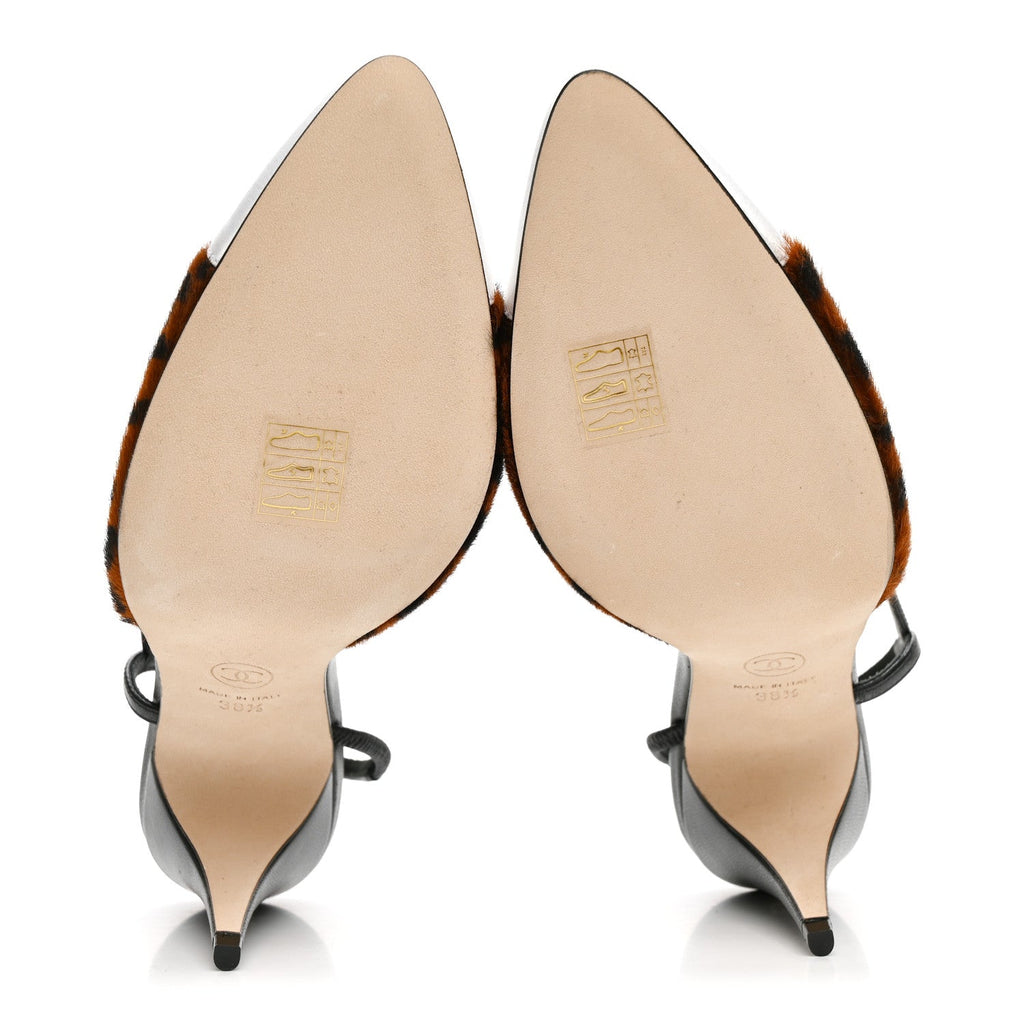 Lambskin Mixed Fibers Cap Toe CC Slingback Pumps 38.5 Brown Black White