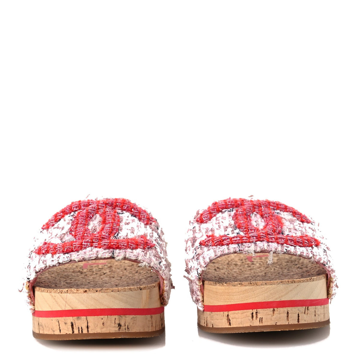 Tweed Lambskin Cork CC Mule Sandals 36 Pink Red