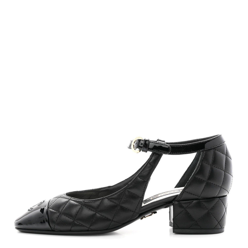 Lambskin Patent Quilted Cap Toe Mary Jane Flats 36 Black