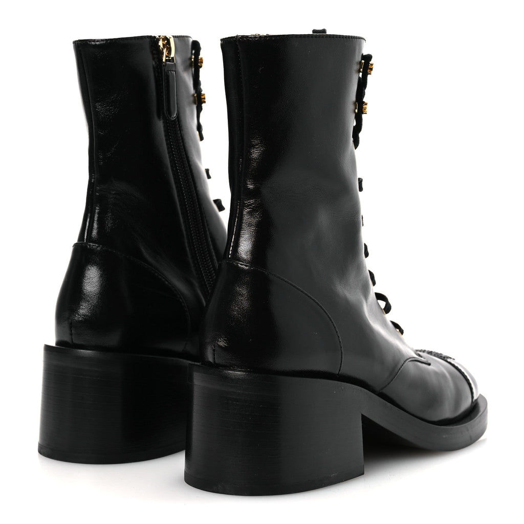 Shiny Calfskin Patent Cap Toe Lace Up Combat Boots 36.5 Black