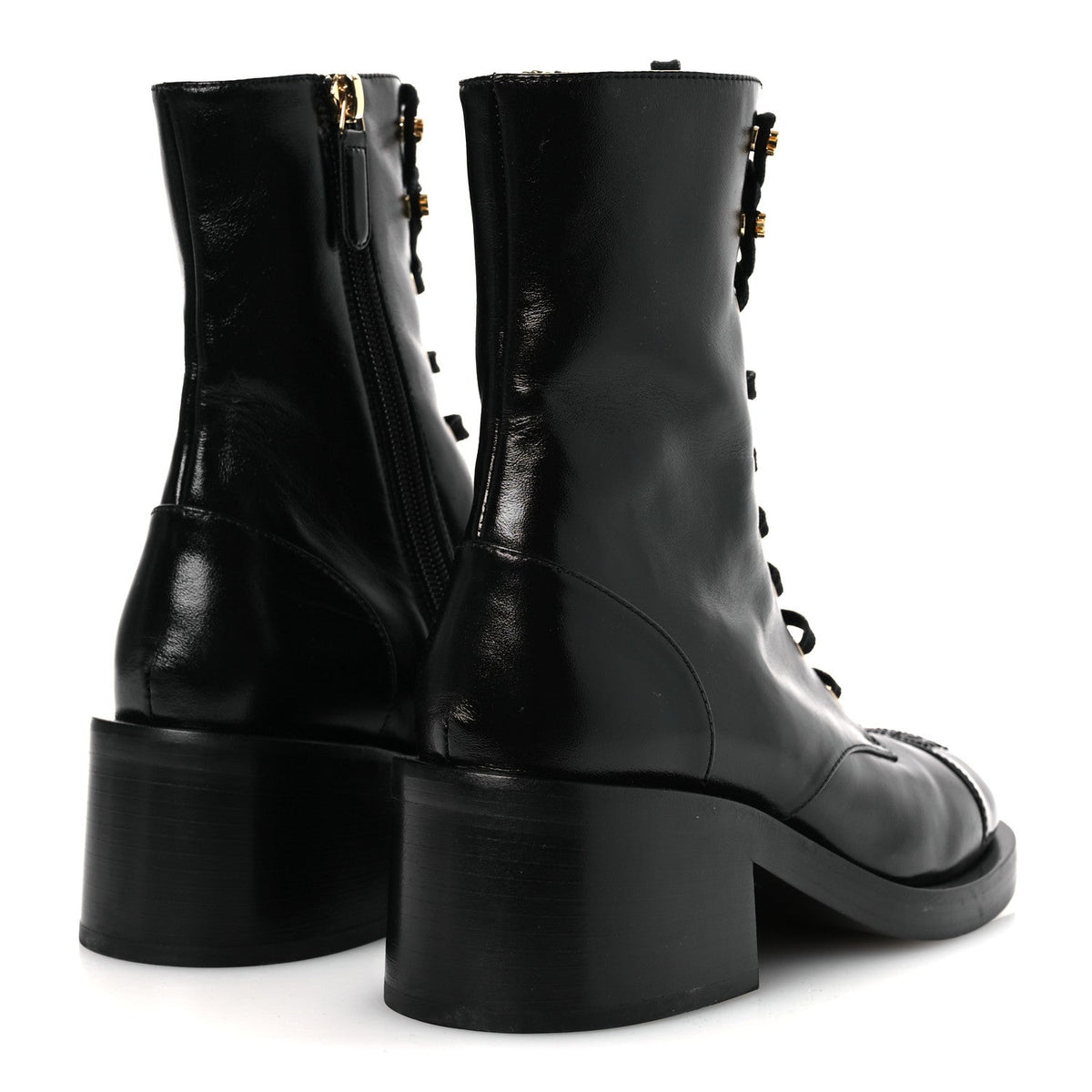 Shiny Calfskin Patent Cap Toe Lace Up Combat Boots 36.5 Black