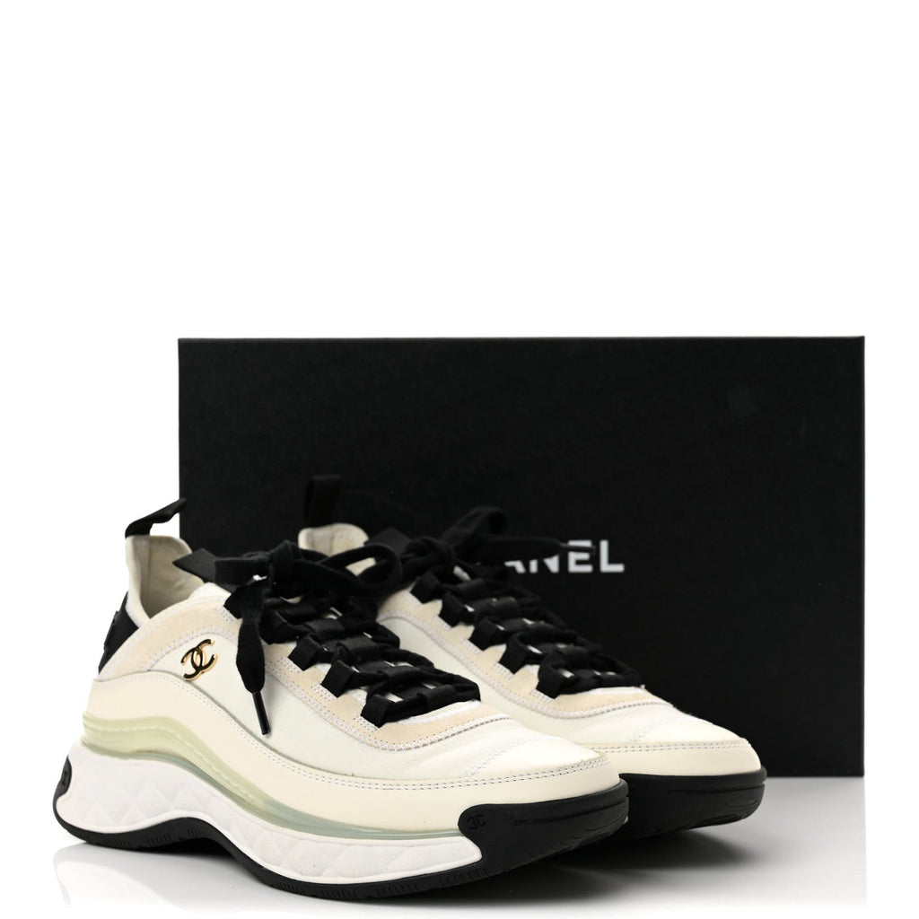 Velvet Calfskin Mixed Fibers CC Sneakers 37.5 Ivory Black