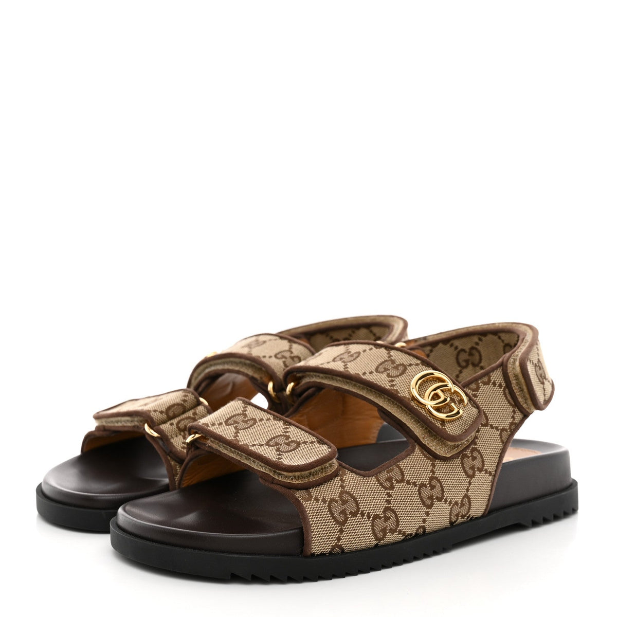 GG Monogram Lavaredo Eco Fabric Womens Slide Sandals With Straps 37 Beige Ebony Light Brown