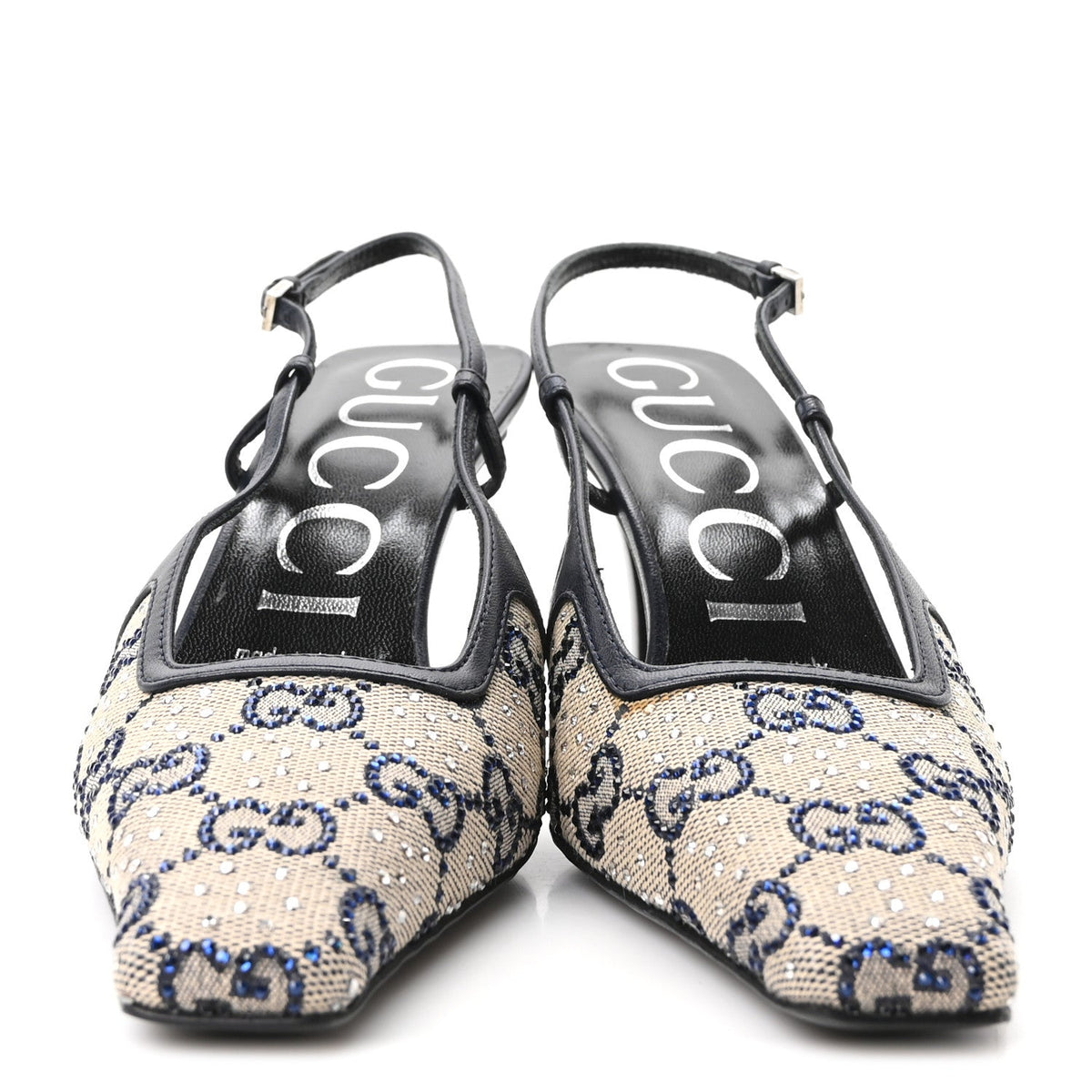 GG Monogram Malaga Kid Crystal Square G 75mm Slingback Pumps 36.5 Beige Blue