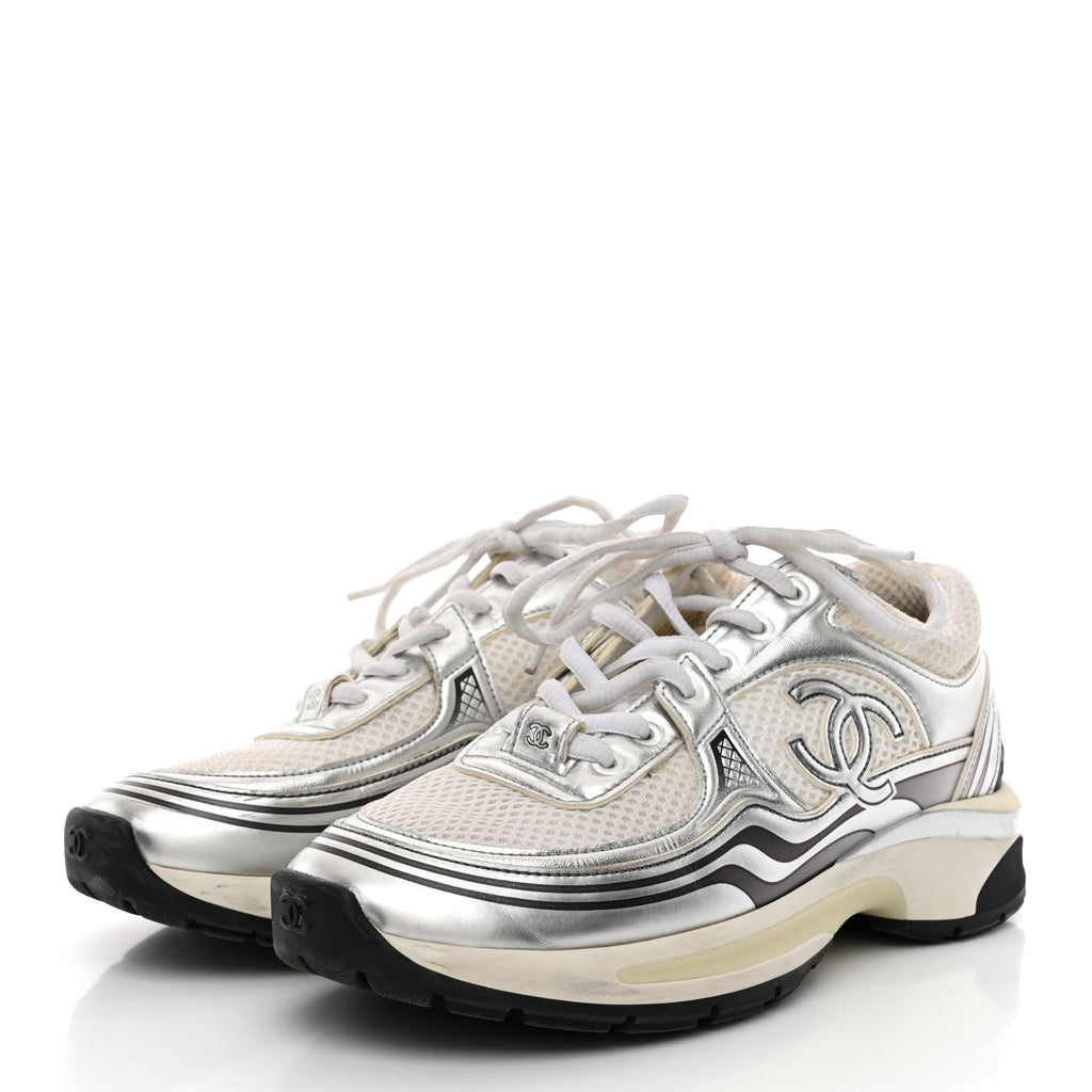 Fabric Laminated Calfskin Stretch CC Sneakers 36.5 White Silver