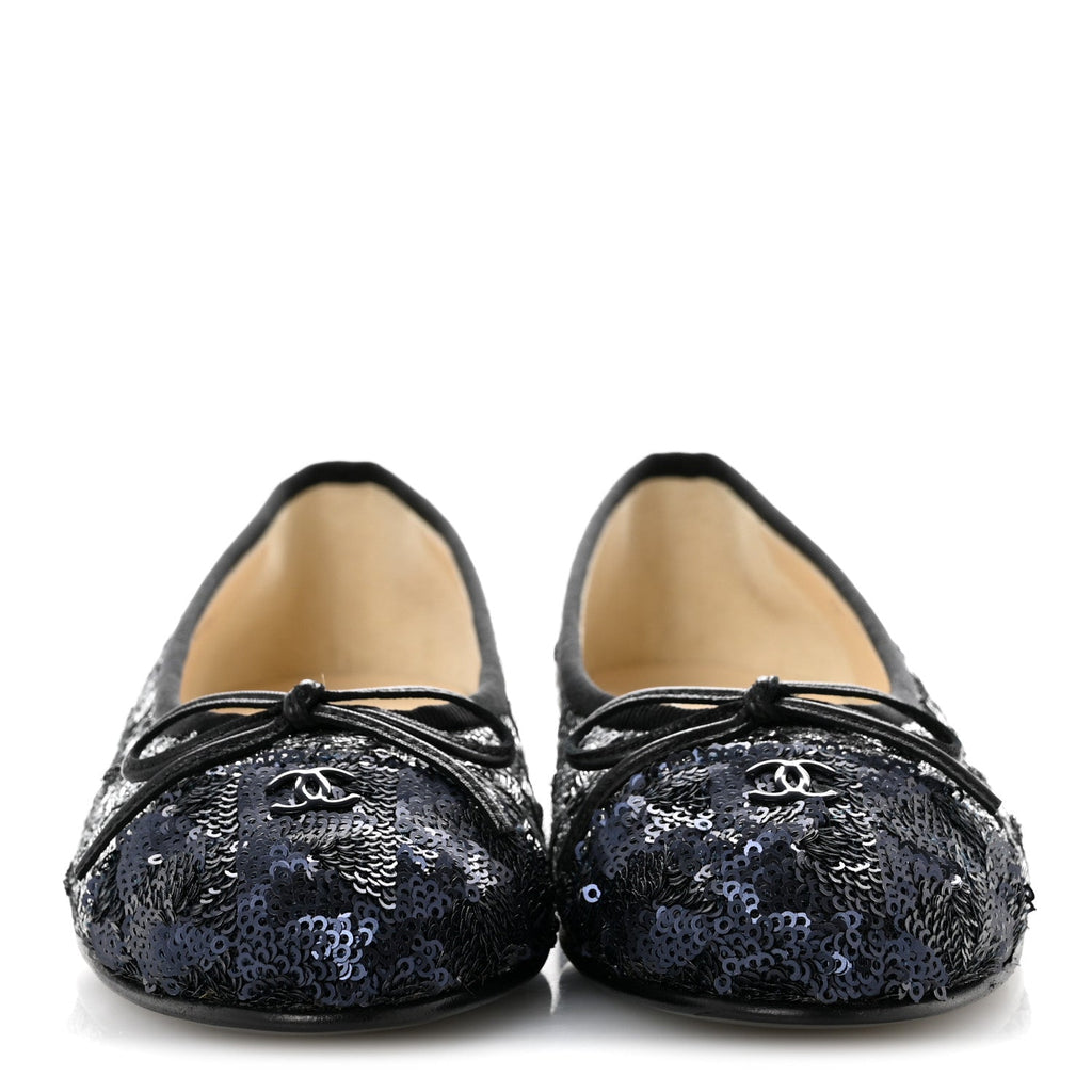 Tweed Sequin Cap Toe Ballerina Flats 35 Silver Black Blue