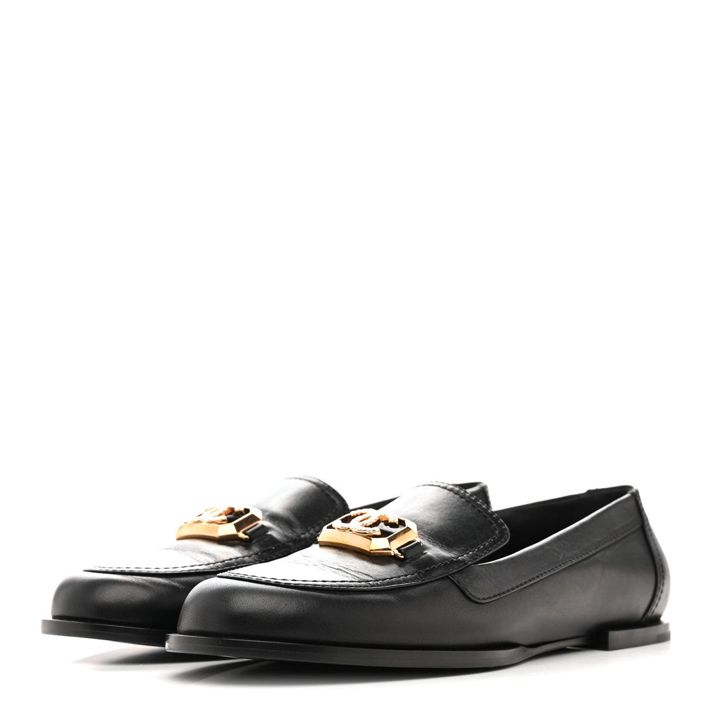 Shiny Calfskin Metal CC Mocassin Loafers 38.5 Black