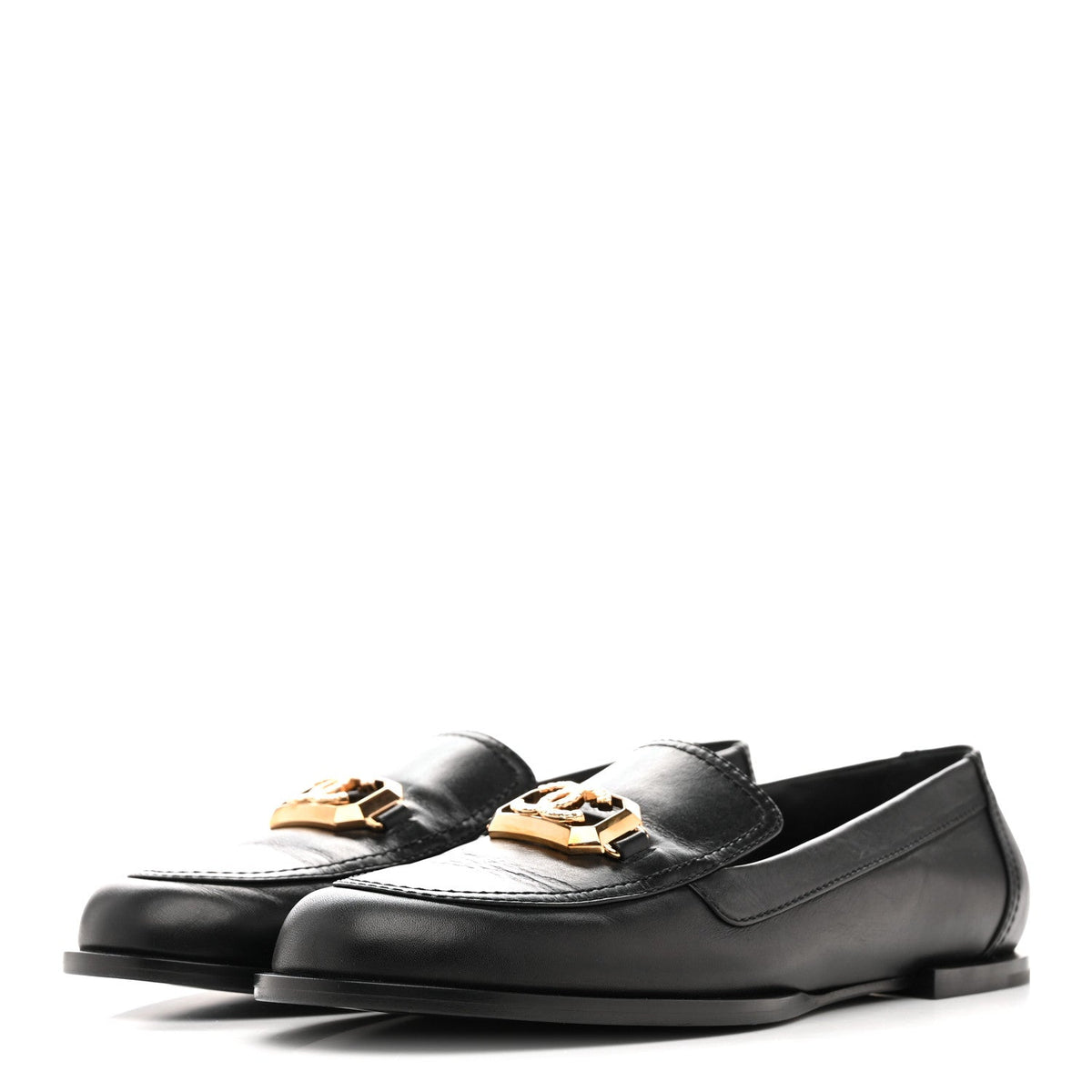Shiny Calfskin Metal CC Mocassin Loafers 38.5 Black