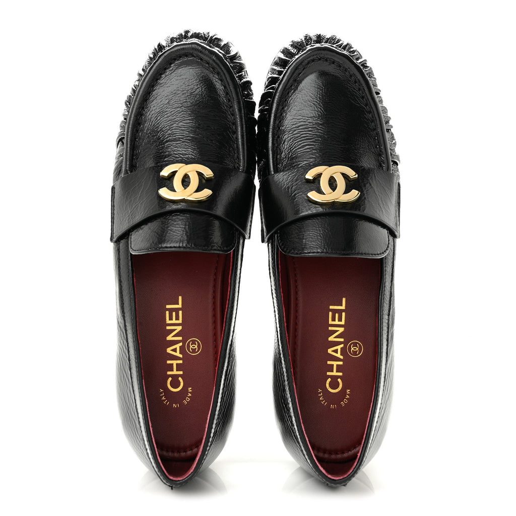 Crumpled Shiny Lambskin CC Mocassin Loafers 38.5 Black