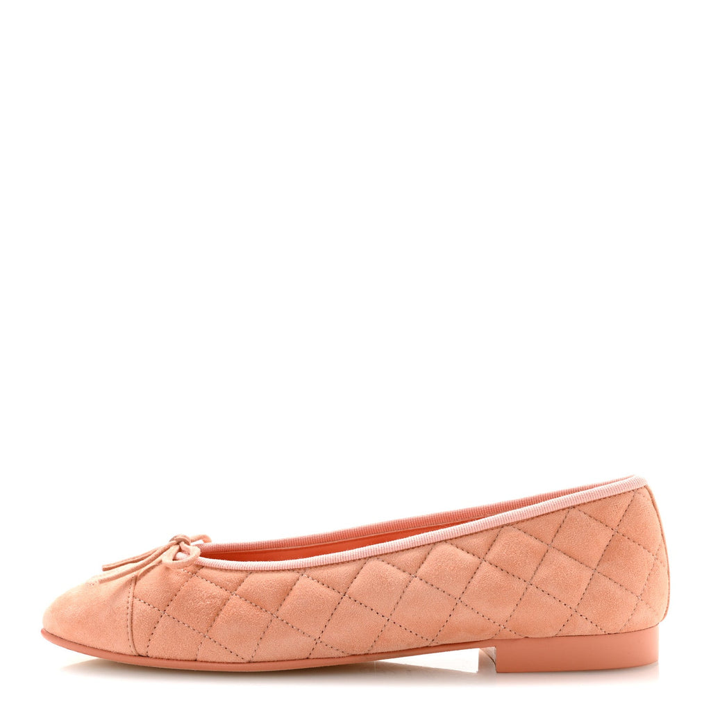 Suede Kidskin Quilted Cap Toe CC Ballerina Flats 38.5 Light Orange