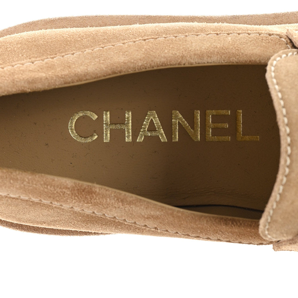 Suede Calfskin Pearl CC Moccasin Loafers 36.5 Dark Beige