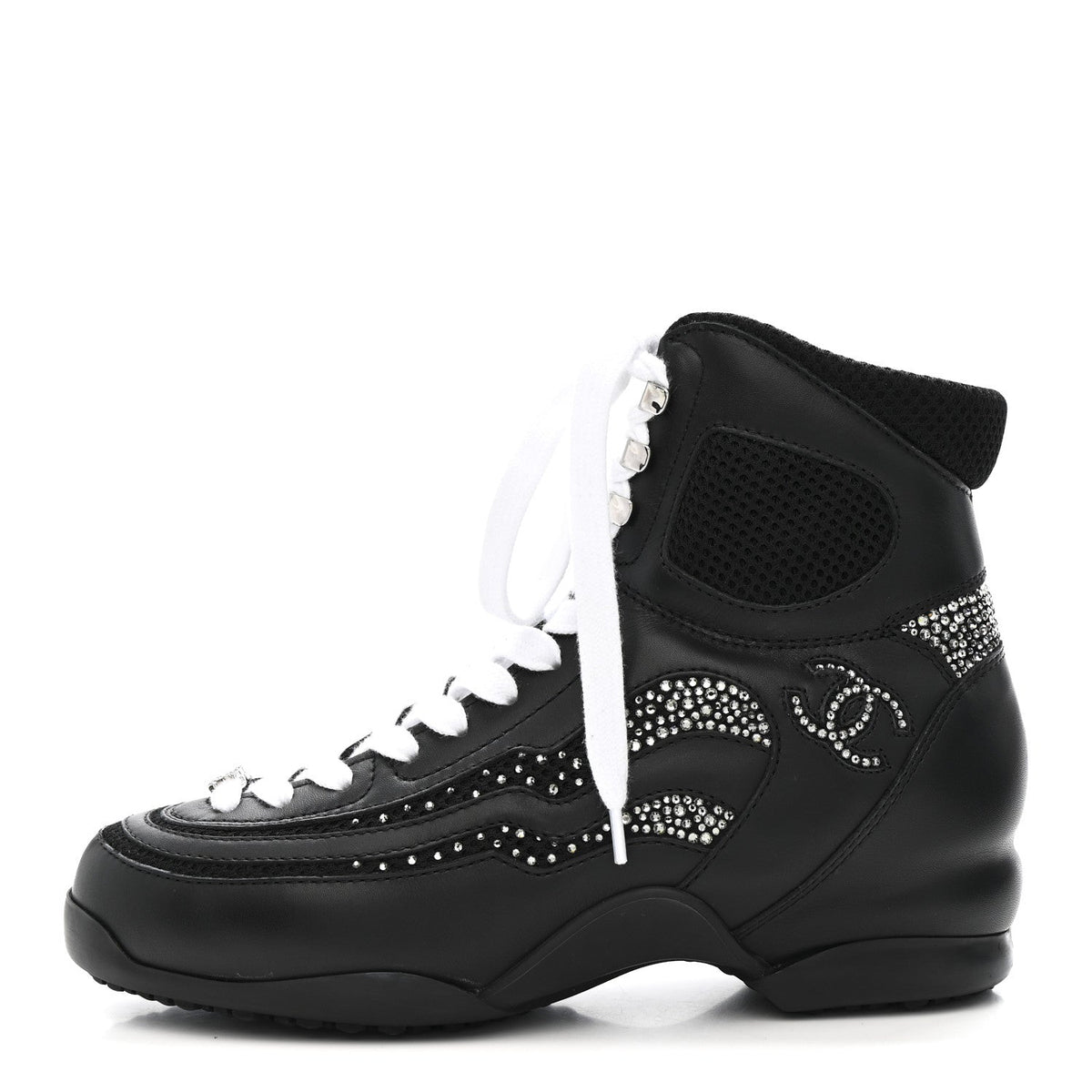 Calfskin Mesh Strass Womens CC Sneakers 37 Black Silver