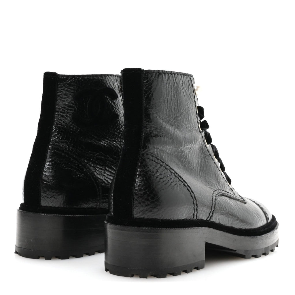 Shiny Calfskin Velvet Pearl Combat Short Boots 37.5 Black