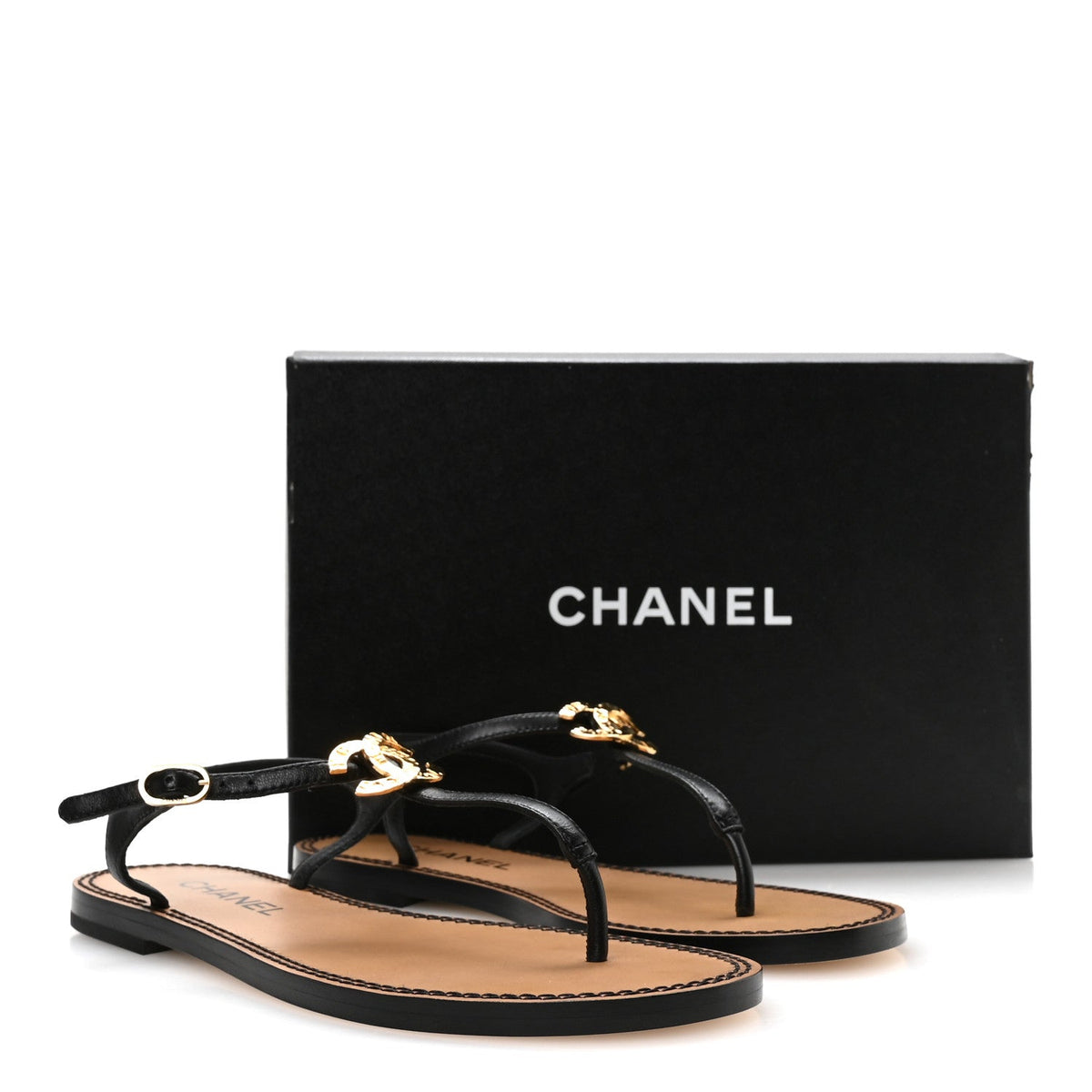 Lambskin CC Thong Sandals 38.5 Black Gold