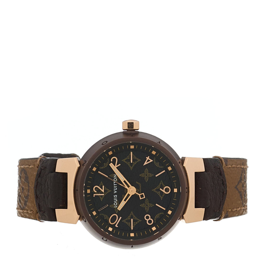 Stainless Steel 18K Rose Gold Monogram 28mm Tambour Quartz Watch Brown