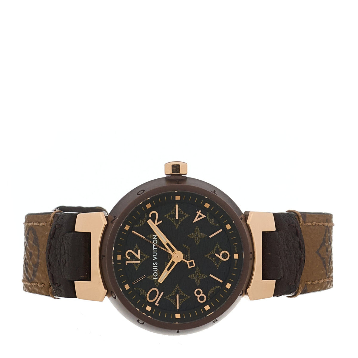 Stainless Steel 18K Rose Gold Monogram 28mm Tambour Quartz Watch Brown