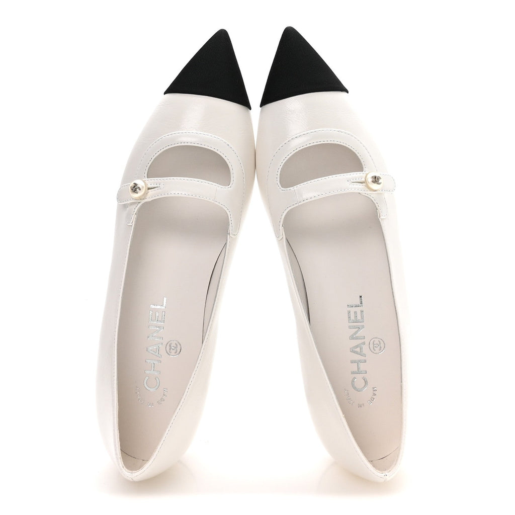 Shiny Lambskin Grosgrain Pearl Mary Janes Flats 38 White Black