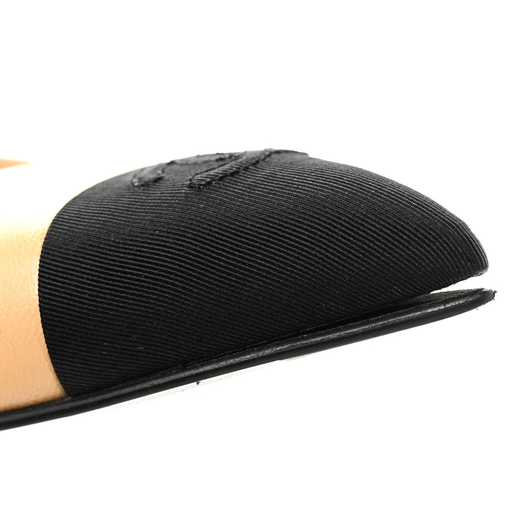 Goatskin Grosgrain Pointed Toe CC Slingback Flats 37 Beige Black
