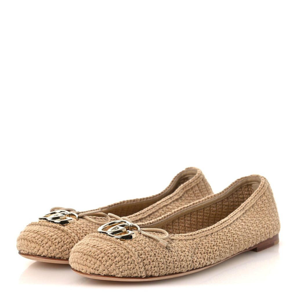 Cotton Crochet Nappa Camargue GG Ballerina Flats 38.5 Ecru Sand Storm
