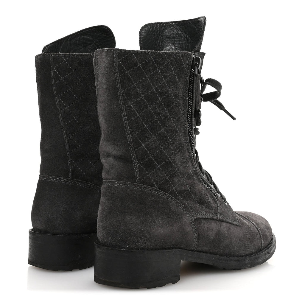 Suede Quilted CC Tall Lace Up Combat Boots 38 Grey