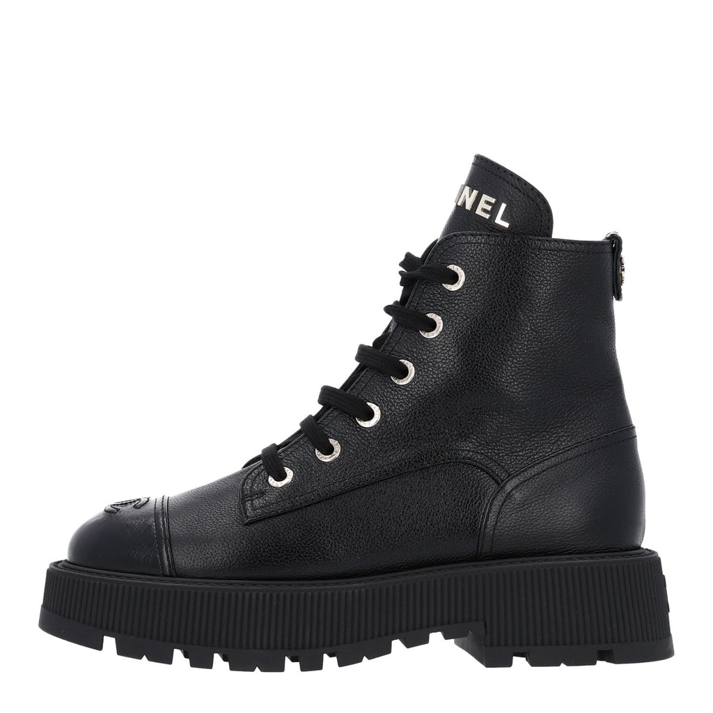 Grained Calfskin Shiny Calfskin CC Lace Up Combat Boots 40.5 Black