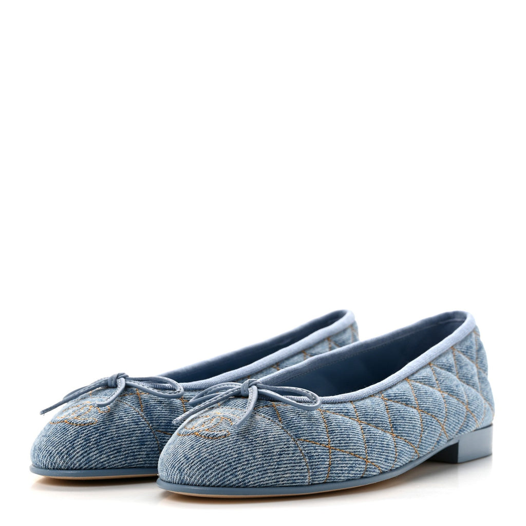 Denim Quilted CC Cap Toe Ballerina Flats 35 Light Blue