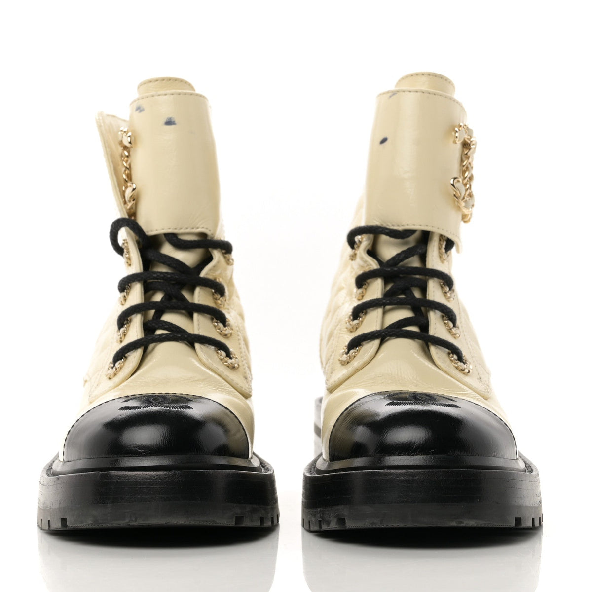 Shiny Goatskin Calfskin Quilted Lace Up Combat Boots 36 Ivory Black