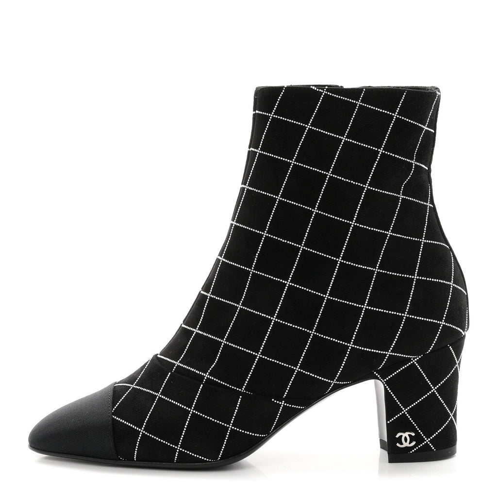 Suede Goatskin Grosgrain CC Short Boots 37.5 Black Silver