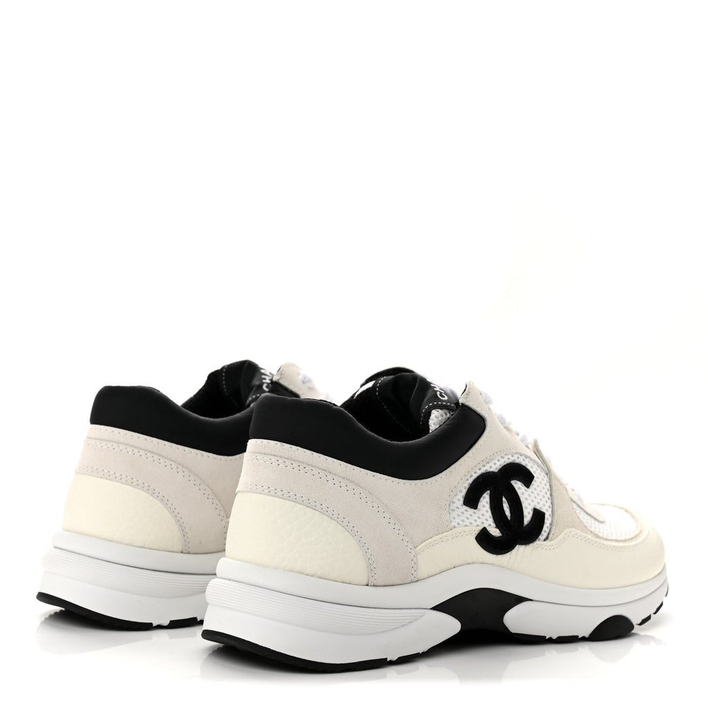 Mesh Suede Grained Calfskin Womens CC Sneakers 39.5 White Black