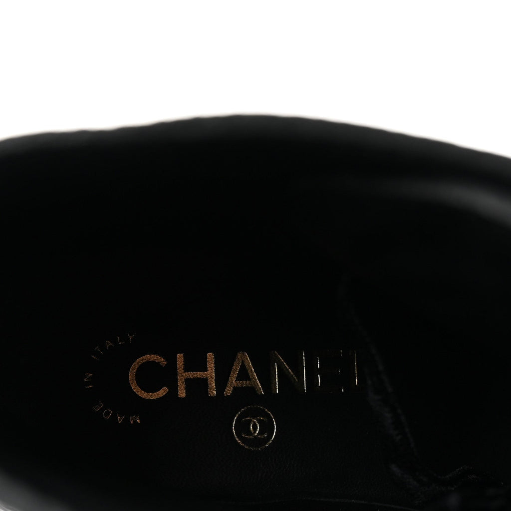 Shiny Calfskin Velvet Pearl Combat Short Boots 37 Black