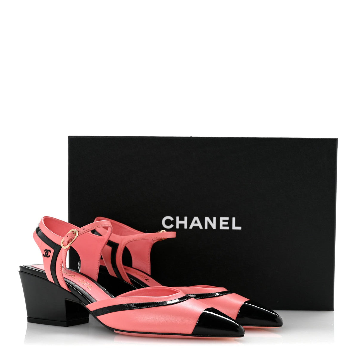 Patent Calfskin CC Ankle Strap Sandals 38 Pink Black