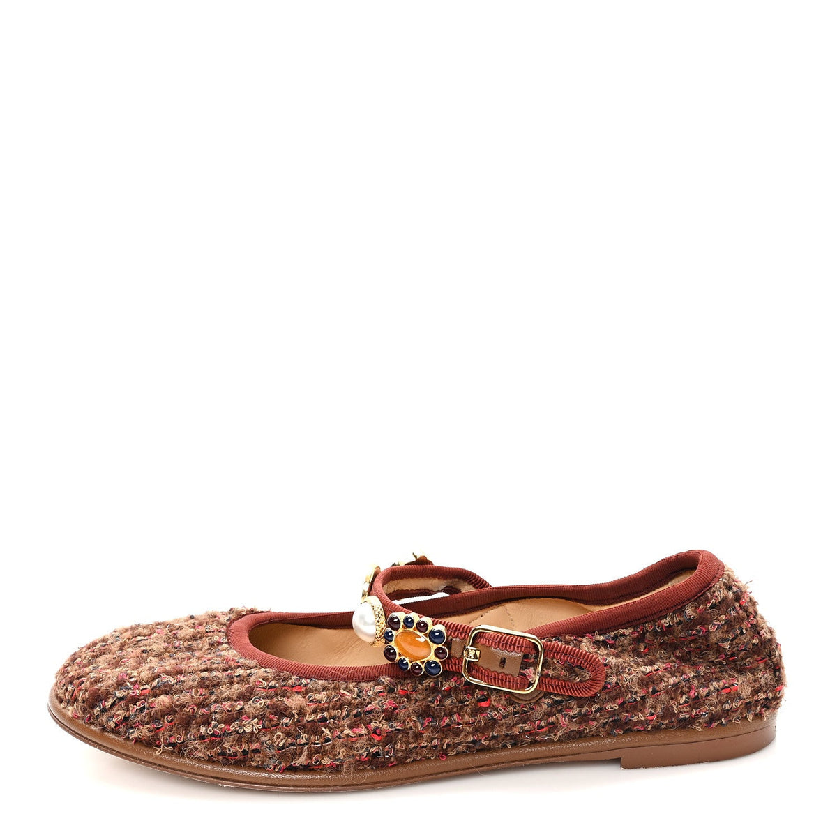 Wool Tweed Mary Jane Flats 37.5 Brown Red Dark Blue