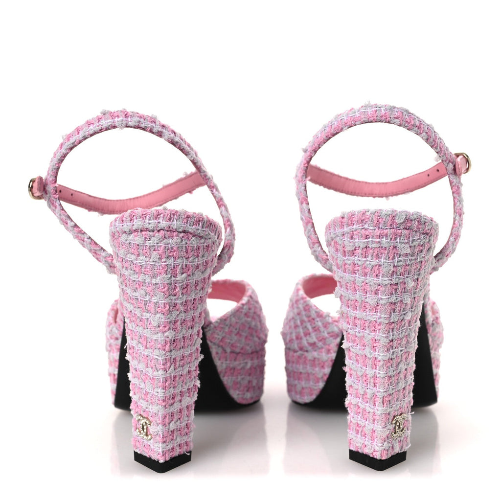 Tweed Crystal CC Platform Sandals 38.5 Light Pink